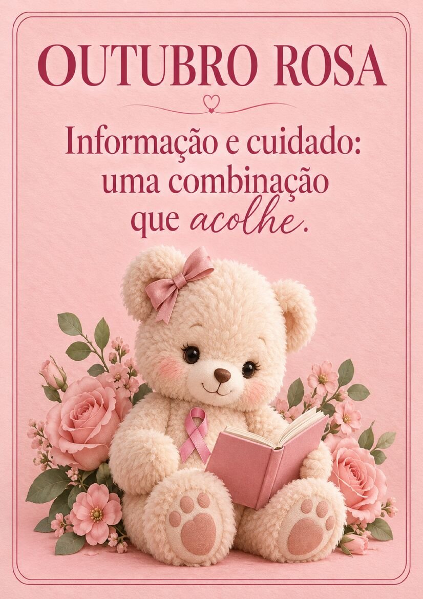 Imagem Outubro Rosa com ursinho de pelúcia lendo livro rosa entre flores, acompanhado de frase sobre informação e cuidado